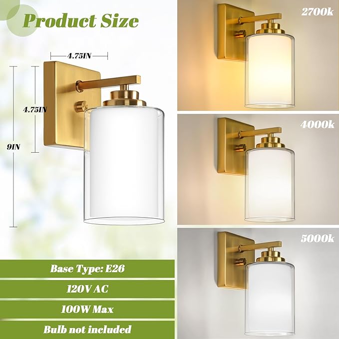VerRon Set of 2 Wall Sconces for Bathroom, Modern Vanity Light Fixtures, Gold Wall Mount Lighting Lanterns, Farmhouse Wall Lights with Double Clear Glass Shade for Bedroom Living Room Mirror Hallway