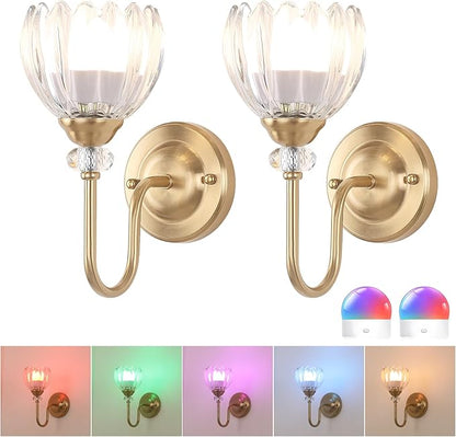 Set of 2 Vintage Battery Operated Wall Sconce, Rechargeable Wall Lamp with 5000mAh Battery & Remote Control, Dimmable Wall Lights with tulip shade for Bedroom Living Room(Tulip Transparent Up)