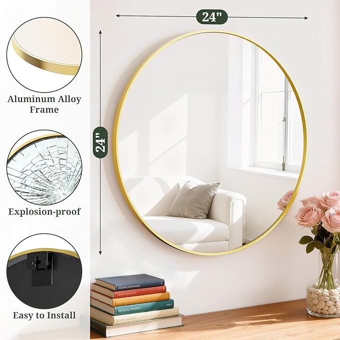 Round Wall Mirror 24 Inch Gold Vanity Mirror with Metal Frame, Modern Circle for Bathroom, Entryway, Bedroom, Living Room, Wall Mounted Decorative Mirrors