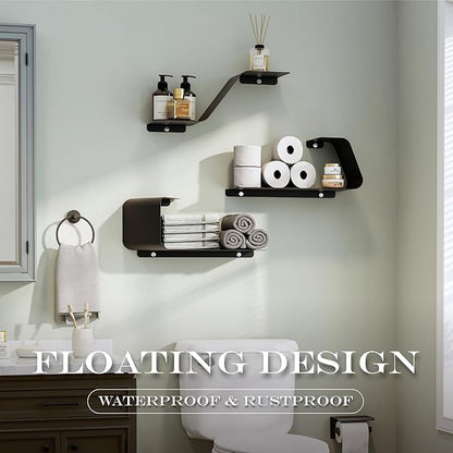 Floating Shelves, Set of 3 Wall Mounted Metal Shelves with Unique Design for Wall Storage, Book Shelf, Display Shelves for Bathroom Bedroom Kitchen Living Room, Black