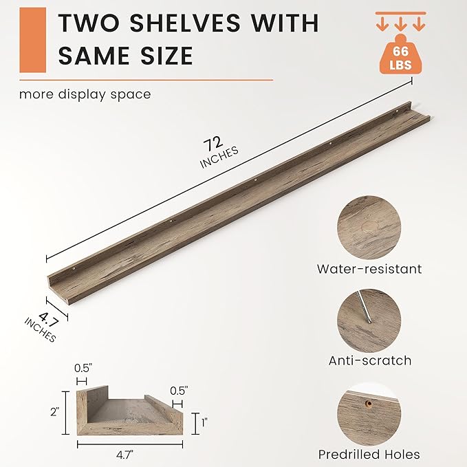 Picture Ledge Shelf, Floating Shelves Set of 2, 72 Inches Long Large Nursery Book Shelves for Toys Storage, Kids Bookshelf Wall Mounted for Living Room Bedroom Decor Books Photo Frames,Grey