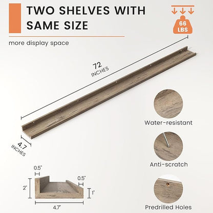 Picture Ledge Shelf, Floating Shelves Set of 2, 72 Inches Long Large Nursery Book Shelves for Toys Storage, Kids Bookshelf Wall Mounted for Living Room Bedroom Decor Books Photo Frames,Grey