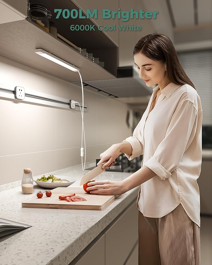 ASOKO 16 Inch Under Cabinet Lights,Plug and Play Under Counter Lighting,6000K Cool White with 700LM Bright,ETL Light Bar with ON/Off Switch for Kitchen,Under Desk,Workbench