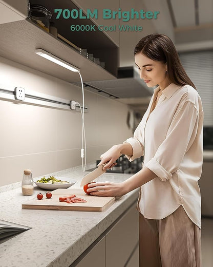 ASOKO 16 Inch Under Cabinet Lights,Plug and Play Under Counter Lighting,6000K Cool White with 700LM Bright,ETL Light Bar with ON/Off Switch for Kitchen, Desk,Workbench-2 Pack