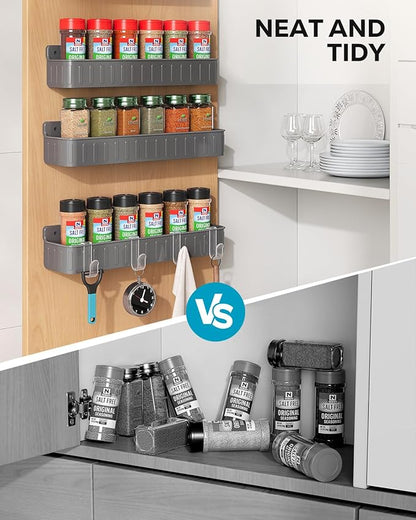 Nieifi Spice Rack Wall Mount, Spice Organizer for Spice Jars, Screw or Adhesive Hanging Spice Rack Organizer for Your Kitchen Cabinet or Pantry Door,4 Pack (Grey)