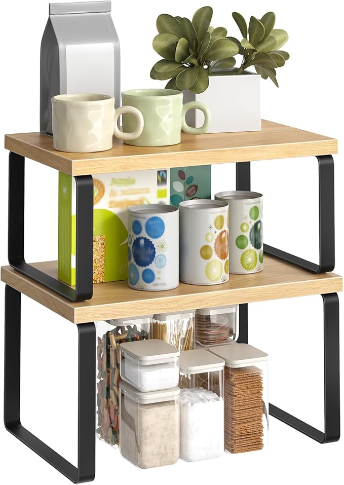 HOOBRO Spice Rack Set of 2, Kitchen Counter Organizer, Kitchen Storage, Cabinet Organizer Shelf, Nest, Stackable, Side-by-Side & L-Shape for Cabinet, Kitchen,Bathroom, Natural and Black BN33TL01