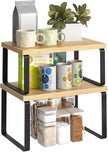 HOOBRO Spice Rack Set of 2, Kitchen Counter Organizer, Kitchen Storage, Cabinet Organizer Shelf, Nest, Stackable, Side-by-Side & L-Shape for Cabinet, Kitchen,Bathroom, Natural and Black BN33TL01