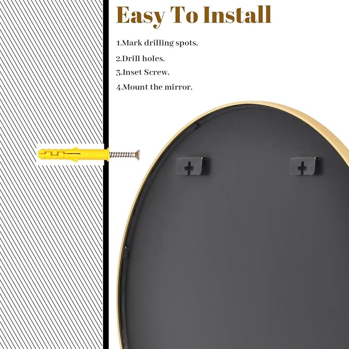 VooBang Large Gold Round Bathroom Mirror, 48 inch Circle Wall Mounted Hanging Mirror with Simple Modern Circular Metal Frame for Hallway, Entryway, Living Room, Gold Frame