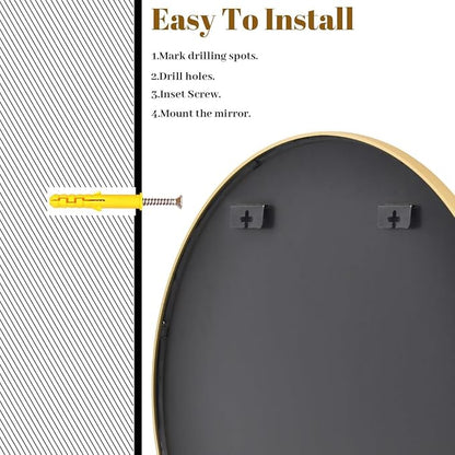 VooBang Gold Round Bathroom Mirror, 24 inch Circle Wall Mounted Hanging Mirror with Simple Modern Circular Metal Frame for Hallway, Entryway, Living Room, Gold Frame
