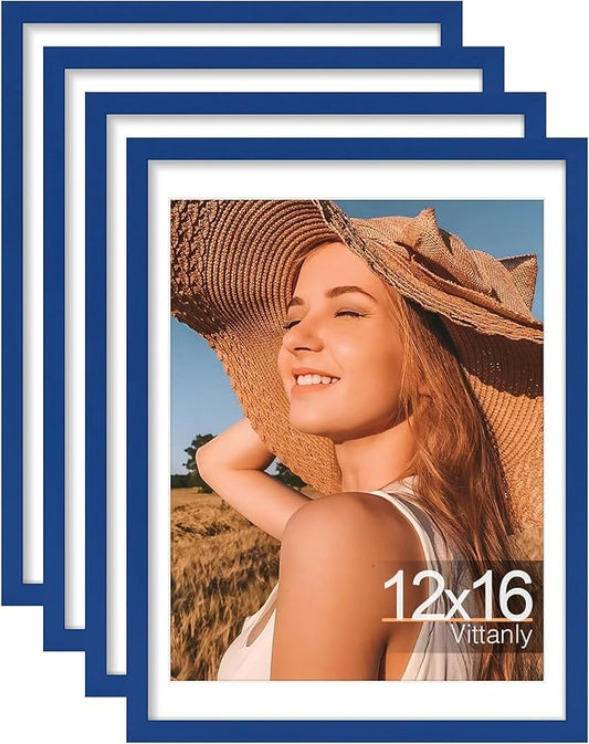Vittanly 12x16 Picture Frames Set of 4, Display Pictures 11x14 with Mat or 12x16 without Mat, Gallery Frame for Wall Display, Engineered Wood with Shatter Resistant Plexiglass, Royal Blue
