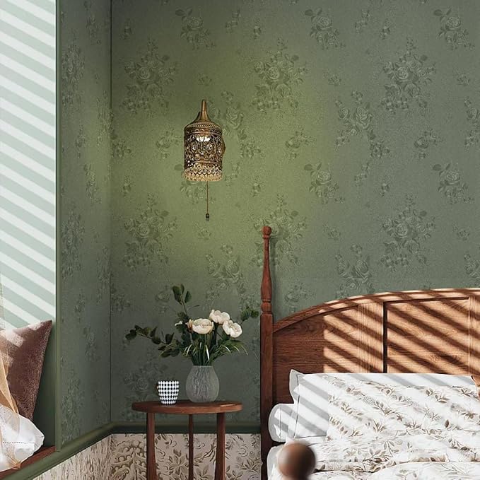 Green Flower Wallpaper Stick and Peel 17.7inch x 196.8inch Embossed Floral Stick Peel Contact Paper Solid Pure Waterproof Green Self Adhesive Wallpaper Flower Removable Shelf Vinyl Roll