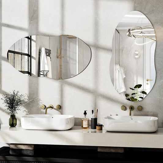 Irregular Wall Mirror, 36 x 20 Inch Asymmetrical Frameless Mirror for Bathroom, Living Room, Bedroom, Modern Abstract Vanity Mirror with Shatter-Proof Glass