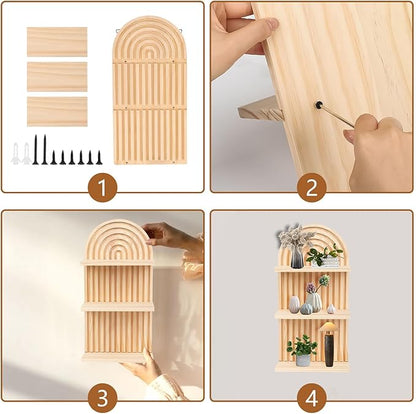 Qivine Boho Wall Shelf 2 Pcs 3 Tier Shelves for Room Wall Wood Floating Shelf with Arched Wood Design Walls Mounted for Living Room, Bedroom, Bathroom Decor (Primary, 3-Tier)