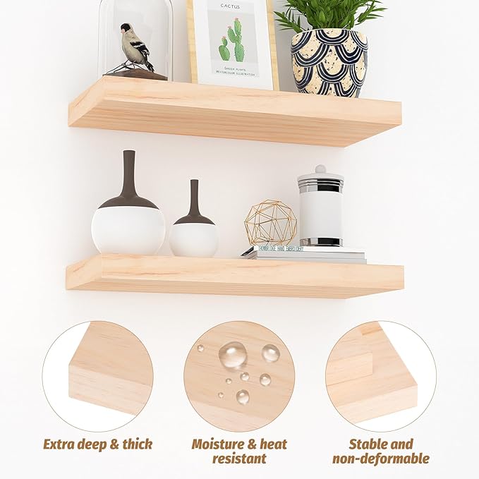 Floating Shelves (Set of 2) – Wall Mounted Shelves for Home Décor and Storage, Natural Pine Wood, Suitable for Living Room and Bedroom (Unfinished, 15.7" x 6.7" x 1.2")