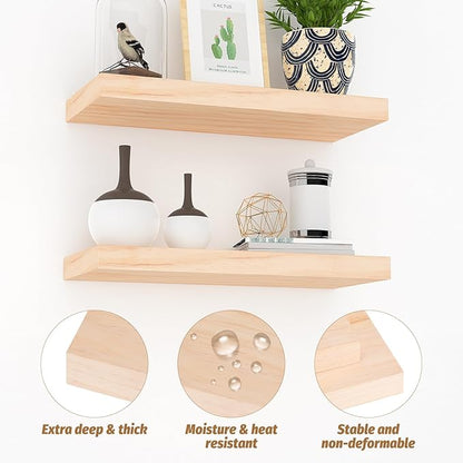 Floating Shelves (Set of 2) – Wall Mounted Shelves for Home Décor and Storage, Natural Pine Wood, Suitable for Living Room and Bedroom (Unfinished, 15.7" x 6.7" x 1.2")