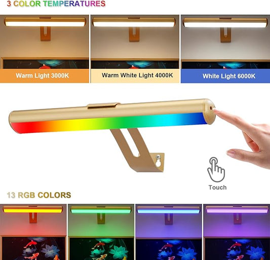 Picture Light, Battery Operated Picture Light with Remote, Rechargeable Picture Frame Light, 32 LED, 16 Color Changing, Art Light for Paintings for Display, Picture-Gold
