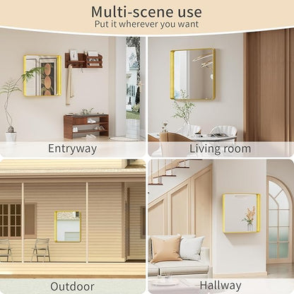 Koonmi Gold Wall Mirror for Bathroom, 29x29 Inch Matte Deep Framed Rounded Rectangle Vanity Mirror for Farmhouse Living Room, Tempered Glass, Anti-Rust, Vertically or Horizontally