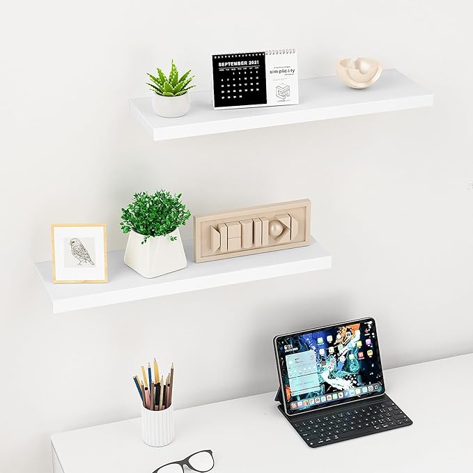 Floating Shelves (Set of 2) – Wall Mounted Shelves for Home Décor and Storage, Natural Pine Wood, Suitable for Living Room and Bedroom (White, 23.6