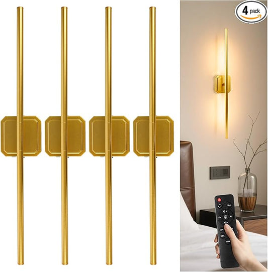 Battery Operated Wall Sconce Detachable 360°Rotate, Wireless Wall Lamp 3000-6500K Dimmable, 10000mAh Rechargeable Wall Light for Bedroom, Living Room，28.3" Black Gold 4 Pack