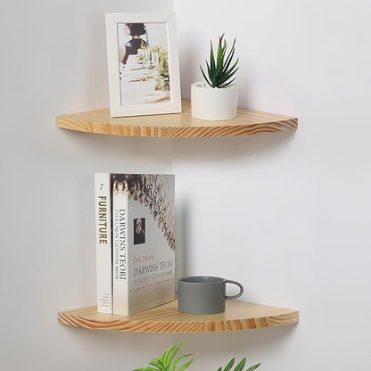 Waterproof Natural Wood Corner Wall Shelves Set of 2, Rustic Wood Corner Floating Shelves with Cable Raceway for Bathroom Kitchen Study Bedroom (12 Inch, Fan-Shaped)