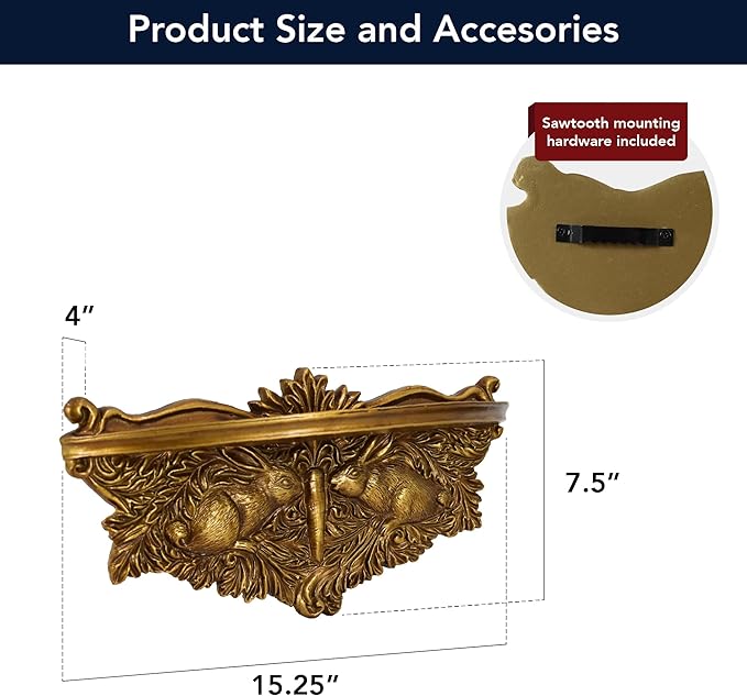 American Art Decor Vintage Ornate Resin Rabbits & Carrot Manor Floating Wall Mounted Shelf in Antique Gold - Rococo Baroque Shabby Chic Ledge for Small Displays