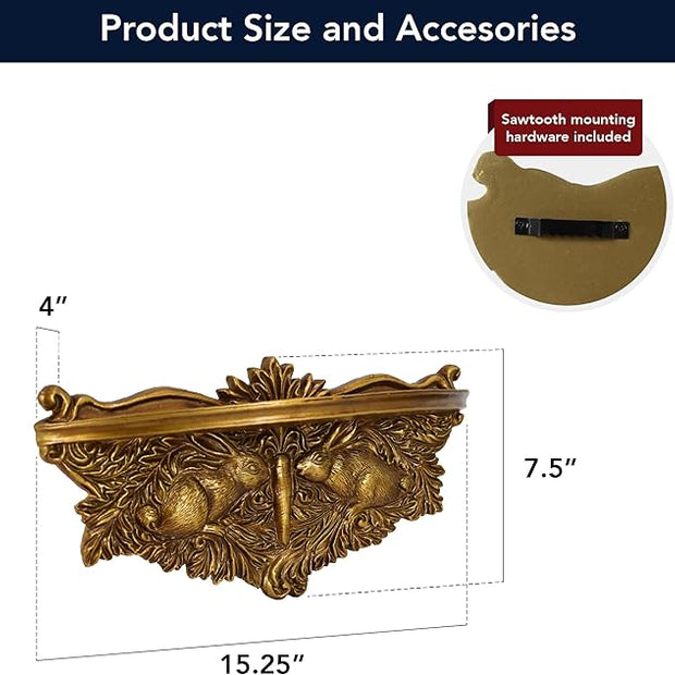 American Art Decor Vintage Ornate Resin Rabbits & Carrot Manor Floating Wall Mounted Shelf in Antique Gold - Rococo Baroque Shabby Chic Ledge for Small Displays