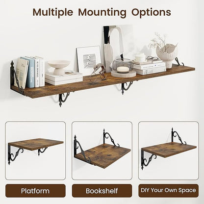 RICHFOCUS 12 Inch Deep Floating Shelves for Wall, 16" W x 12" D Wood Wall Shelves Set of 2, Wide Floating Shelves for Living Room, Bedroom, Kitchen, Bathroom and Decor Storage, Rustic Brown