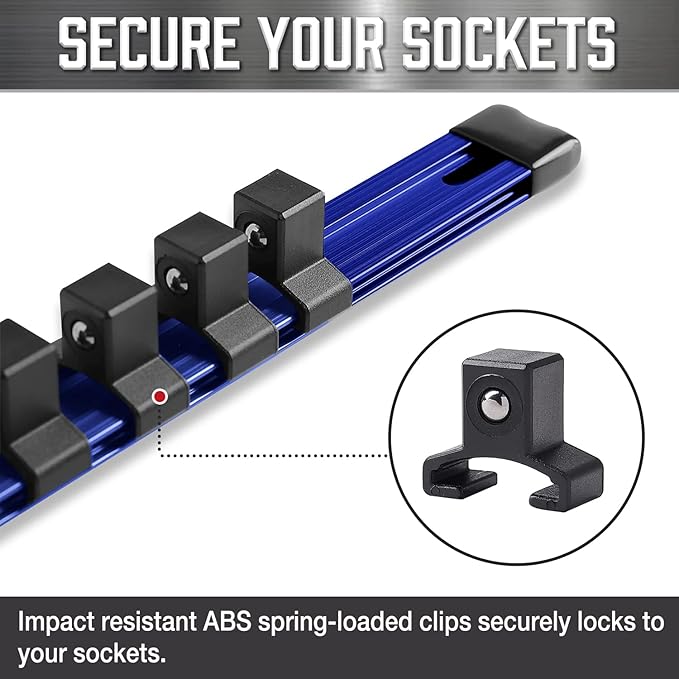 ALOANES 1/4-Inch Drive Aluminum Alloy Socket Rail Organizer, Heavy Duty Socket Racks, Socket Holder Kit for Toolbox Drawer Fit 1/4-Inch x 24 Clips (Blue)