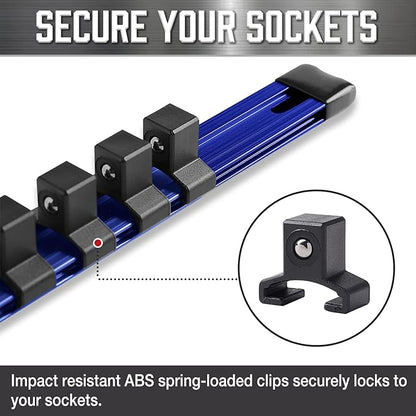 ALOANES 1/4-Inch Drive Aluminum Alloy Socket Rail Organizer, Heavy Duty Socket Racks, Socket Holder Kit for Toolbox Drawer Fit 1/4-Inch x 24 Clips (Blue)