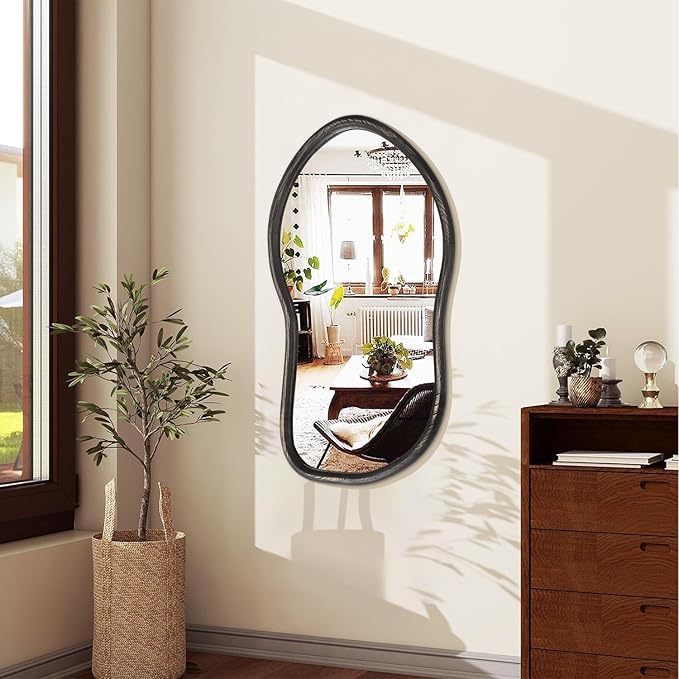 Wood Frame Asymmetrical Irregular Wall Mirror Large Bathroom Mirror for Over Sink Rustic Black Wall Mounted Mirror for Living Room Bedroom Entryway Hallway