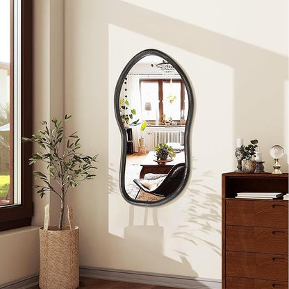 Wood Frame Asymmetrical Irregular Wall Mirror Large Bathroom Mirror for Over Sink Rustic Black Wall Mounted Mirror for Living Room Bedroom Entryway Hallway