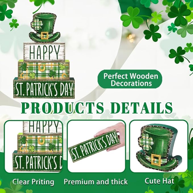 DIYDEC 4Pcs St.Patrick's Day Table Decoration Shamrocks Hat Wooden Block Signs Rustic St. Patrick Tiered Tray Decor Happy St.Patrick's Day Centerpiece Sign for Farmhouse Holiday Tabletop Party Decor
