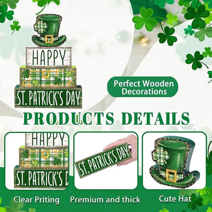 DIYDEC 4Pcs St.Patrick's Day Table Decoration Shamrocks Hat Wooden Block Signs Rustic St. Patrick Tiered Tray Decor Happy St.Patrick's Day Centerpiece Sign for Farmhouse Holiday Tabletop Party Decor