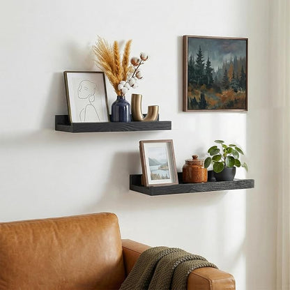 Z metnal Wood Floating Shelves, Small Natural Wooden Display Wall Shelf for Picture Ledge, Wall Mounted, 12 x 5.5inch, Black, 2 Pack