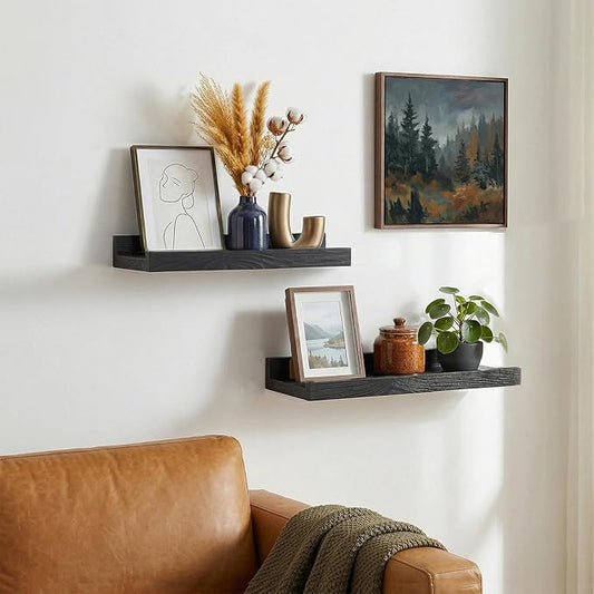 Z metnal Wood Floating Shelves, Small Natural Wooden Display Wall Shelf for Picture Ledge, Wall Mounted, 12 x 5.5inch, Black, 2 Pack