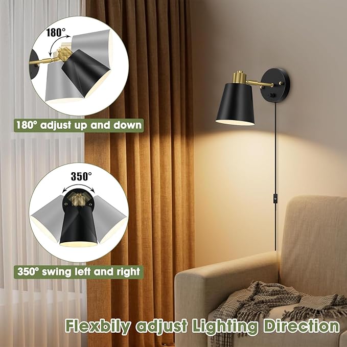 Plug in Wall Sconces Set of 2, Dimmable Wall Lights with Plug in Cord and Dimmer On/Off Knob Switch, Adjustable Angle Black Wall Mounted Lamp for Bedside Bedroom Living Room (2 Bulbs Included)