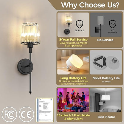 DORESshop Battery Operated Wall Sconce Set of 2, Wireless Wall Light, 15 Color Rechargeable Wall Sconces, Sconce Wall Decor Set of 2 for Bedroom, Living Room, Black and Crystal, 24.6in