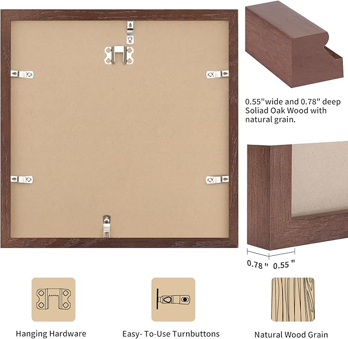 puthiac 10x10 Solid Oak Wood Picture Frame, Fits 6x6 with Mat or 10x10 Without Mat, Wall Display Only, Plexi Front, 1 Pack, Walnut