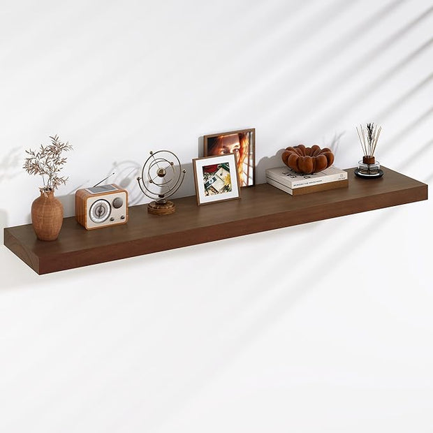 Fun Memories Floating Shelves, 9.3 Inch Deep Solid Pine Wood Wall Shelves for Storage, Rustic Wall Mounted Display Shelf with Invisible Heavy-Duty Metal Bracket, 55 Inch Width, Walnut