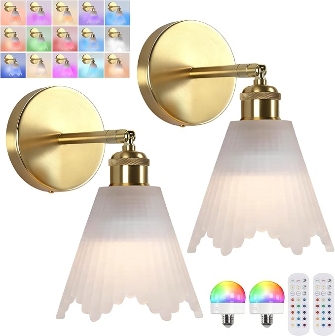 Vintage Battery Operated Wall Sconce with Milky Crystal Grid Glass Lampshade Rechargeable Battery Powered Wall Light with Remote Control for Bedside Bedroom Bathroom, Set of 2