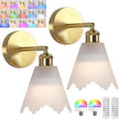 Vintage Battery Operated Wall Sconce with Milky Crystal Grid Glass Lampshade Rechargeable Battery Powered Wall Light with Remote Control for Bedside Bedroom Bathroom, Set of 2