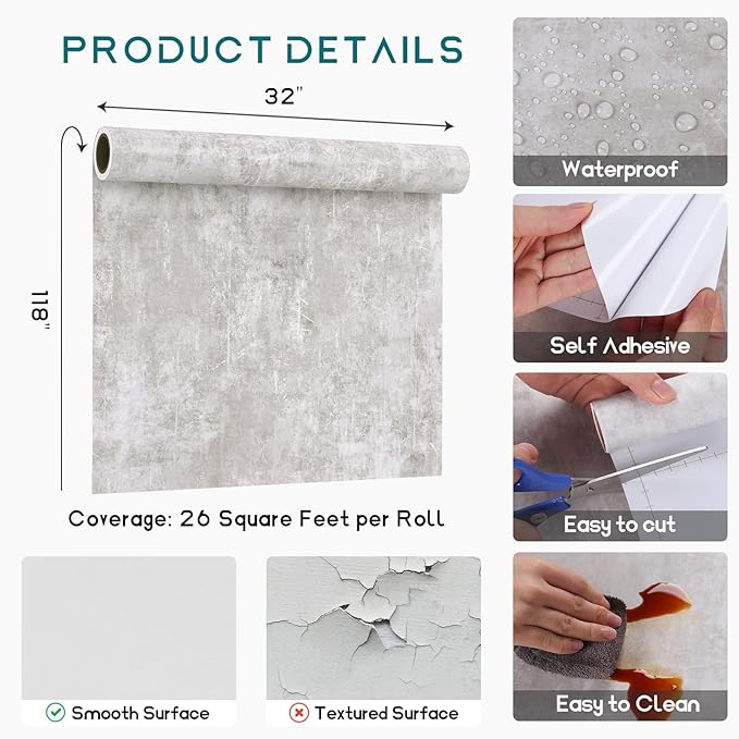 VEELIKE Neutral Concrete Wallpaper Peel and Stick Boho Concrete Contact Paper for Walls Countertop Waterproof 118''x32'' Wide Removable Adhesive Cement Vinyl Wallpaper for Bedroom Bathroom Living Room