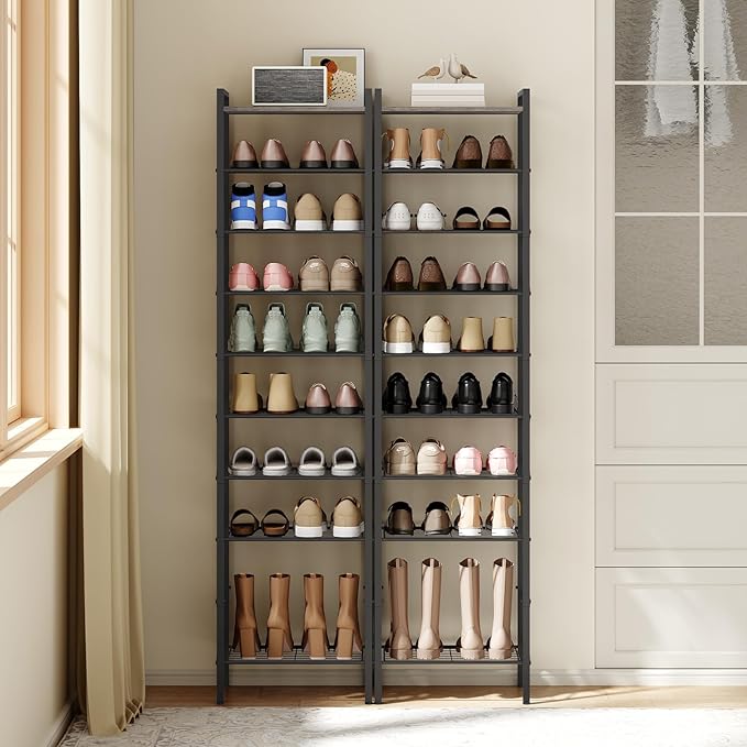 10-Tier Narrow Shoe Rack, Tall Shoe Rack for 10-20 Pairs, Slim Shoe Storage Organizer with Wooden Top, Space Saving, Metal Frame, for Entryway, Charcoal and Black SS68BC