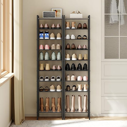 10-Tier Narrow Shoe Rack, Tall Shoe Rack for 10-20 Pairs, Slim Shoe Storage Organizer with Wooden Top, Space Saving, Metal Frame, for Entryway, Charcoal and Black SS68BC