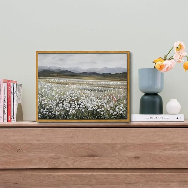 OIQArtOIQ Vintage Wildflowers Landscape Wall Art Framed Floral Natural Scenery Oil Painting Canvas Prints Country Farmhouse Decor Pictures Kitchen Bedroom Living Room Bathroom