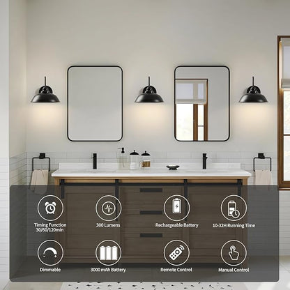 Black Wireless Wall Sconces Set of Two Battery Operated Wall Lights with Remote and Dimmable Bulbs Rechargeable Vintage Gooseneck Wall Lamp for Bedroom, Living Room, Farmhouse