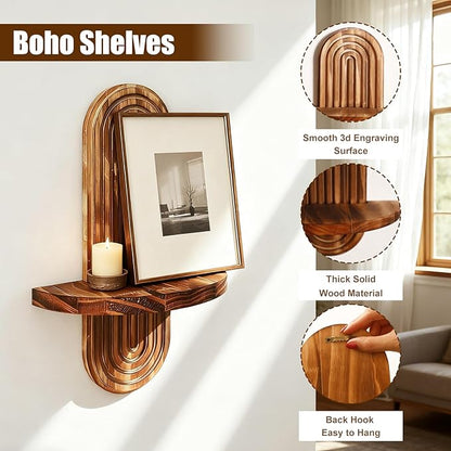 2 Pack Boho Wall Hanging Shelf - Handmade Rainbow Arch Floating Shelves Trinket Storage Rack Vintage Wood Wall Decor for Bedroom Living Room Nursery Bathroom