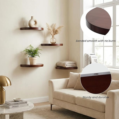 Small Wood Floating Shelves (2-Pack, 8-inch Diameter) - Round Sturdy Invisible Wall Mount Display for Small Plants,Toys,Bathroom,Living Room Storage & Modern Rustic Décor (Dark Walnut)