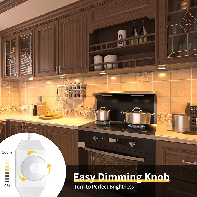 WOBANE Dimmable LED Puck Lights, Under Cabinet Lighting with Switch, Plug in Under Counter Lighting for Shelf, Closet, Cupboard, Bookcase, Display, Super Bright, 2700K Warm White, 4 Pack