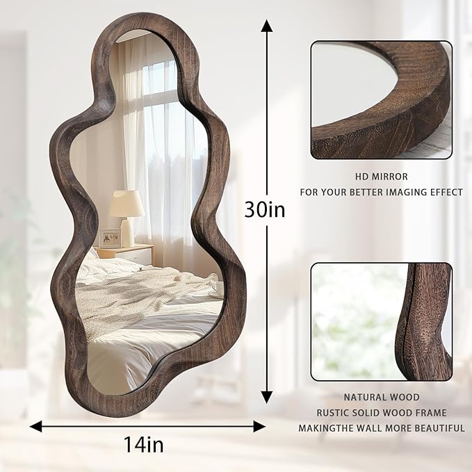Large Asymmetrical Mirrors for Wall Wood Frame Irregular Mirror Unique Cloud Wavy Mirror Modern Living Room Bedroom Vanity Entryway Hallway Decorative Artistic Wall Mirror